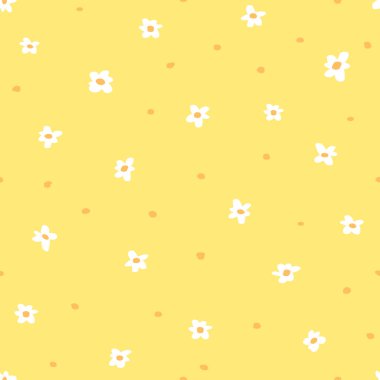 Sarı arka planda kusursuz papatya deseni. Karalama. Düz bir şekilde basit vektör çizimi. Tekstil, kartpostal, duvar kağıdı, ambalaj kağıdı için kullan.