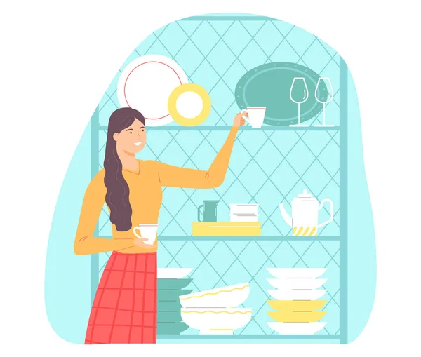 Mujer Morena Coloca Los Platos Estante Concepto Trabajo Doméstico Ilustración — Vector de stock