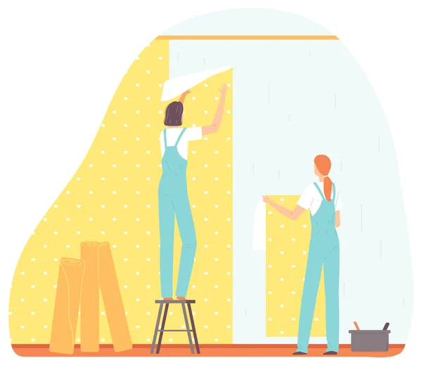 Reparador Doméstico Duas Mulheres Uniforme Colando Papel Parede Sala Ilustração —  Vetores de Stock
