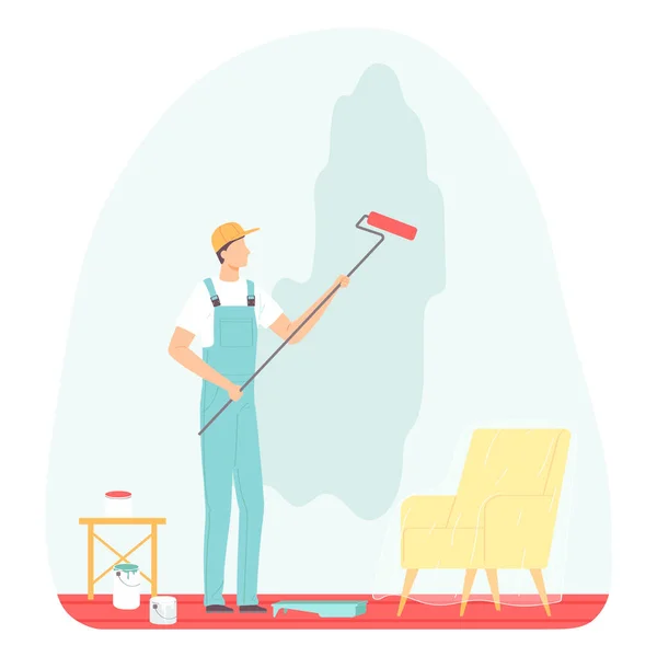 Home Repair Worker Painter Paints Wall Man Holding Paint Roller — Stock Vector