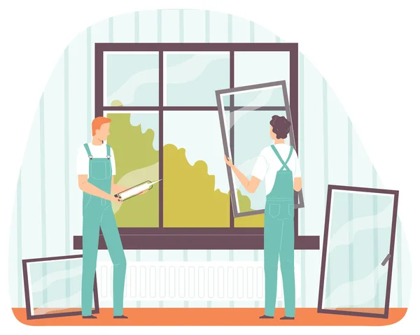 Trabajador Reparaciones Dos Trabajadores Uniformes Instalan Ventanas Plástico Ilustración Vectorial — Archivo Imágenes Vectoriales