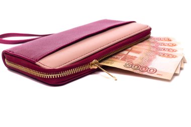 Beyaz arka planda izole edilmiş pembe kadın cüzdanı.