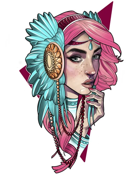 Иллюстрация девушки с розовыми волосами и декором перьев Стоковое Фото