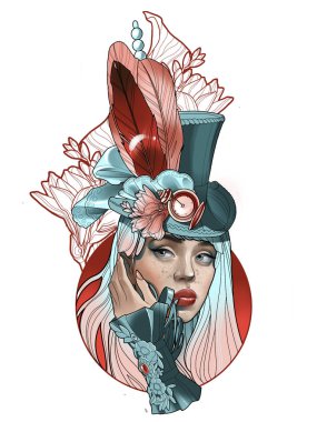 Steampunk tarzı eşarplı şapkalı güzel bir kız portresi
