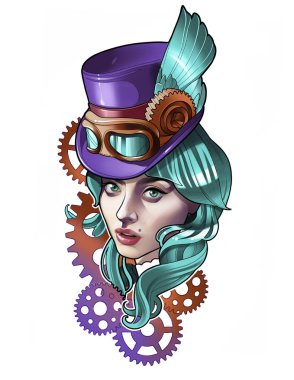 Steampunk tarzı gözlüklü şapkalı güzel bir kız portresi