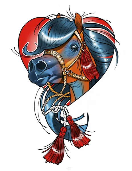 Ilustración digital de una hermosa cabeza de caballo en una brida con borlas — Foto de Stock