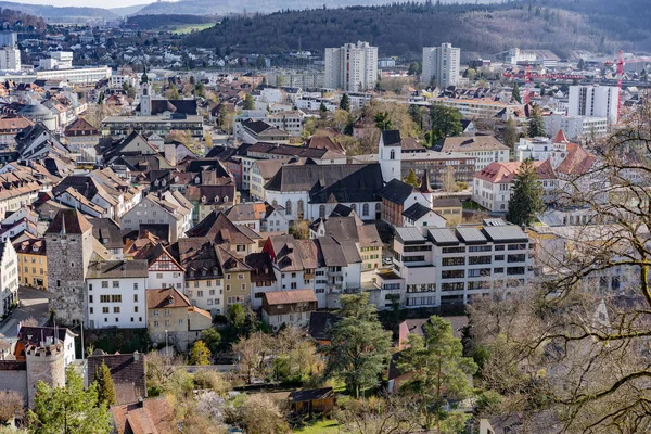 City view over black tower and the picturesque old town of Brugg. — Stock Photo, Image