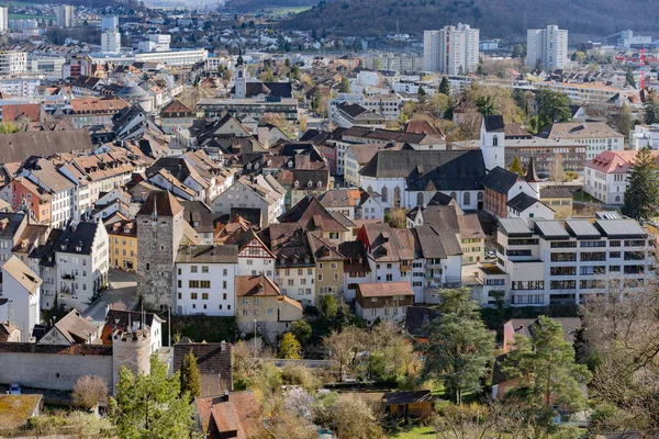 City view over black tower and the picturesque old town of Brugg. — Stock Photo, Image