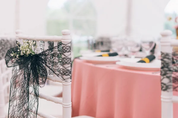 Wedding Chair Ribbon Pink Black Decoration — Stock Photo, Image