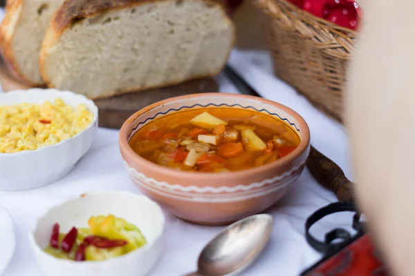 Hungarian Traditional Food Goulash Soup Fresh Bread — Stock Photo, Image