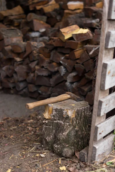 Ein Haufen Gehäckseltes Brennholz Und Eine Axt — Stockfoto