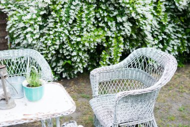 Bahçede dinlenmek için sandalye ve masa duruyor.