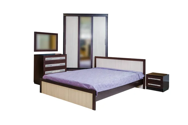 Bedroom set, wardrobe, large bed, mirror with nightstands, purple bedspread