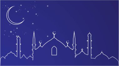 Mavi gece İslami arka plan veya duvar kağıdı. Hilal ay ve camiyle tasarlanmış. vektör