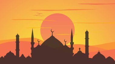Günbatımı arkaplanı olan bir cami. İslami afiş. Ramazan Kareem, Hac, Kurban Bayramı ve Kurban Bayramı gibi İslam faaliyetleri için uygundur. vektör illüstrasyonu