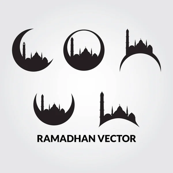 Conjunto Mesquita Logotipo Lua Crescente Adequado Para Ramadan Kareem Hajj — Vetor de Stock