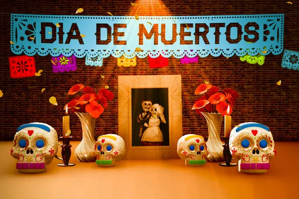 Día Ofrenda Mexicana Muerta Con Una Foto Varias Calaveras Azúcar —  Fotos de Stock