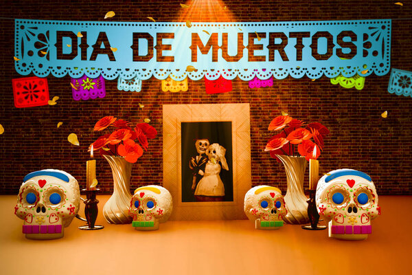 Day of the dead Mexican ofrenda with a picture and several sugar candy skulls 3d rendering. 