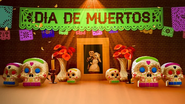 Dag Den Döda Mexikanska Ofrenda Med Bild Och Flera Socker — Stockfoto