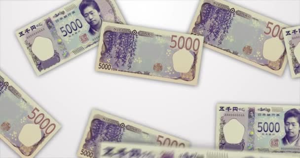 Vallende Japanse Bill 5000 Yen Een Witte Achtergrond — Stockvideo