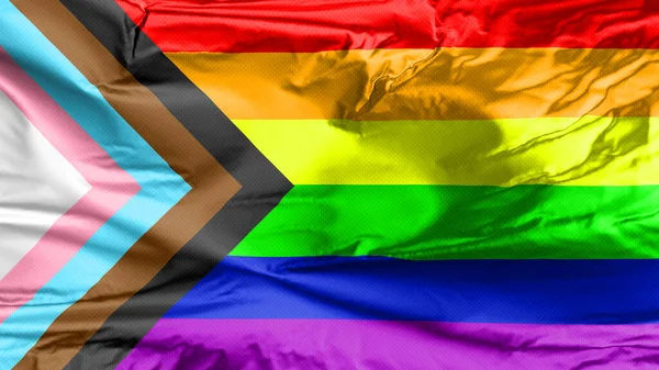 Lgbt彩虹旗与包容性和渐进色 男女同性恋 双性恋和变性者群体的象征 代表边缘化男女同性恋 双性恋和变性者的黑色和棕色条纹也有粉色 浅蓝色和白色的颜色 这些是变性者的标志 — 图库照片