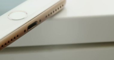 Calgary, Alberta. Kanada 5 Temmuz 2020. iPhone Plus 'ı şarj eden kişinin makro görüntüsü ve USB Kablo' ya Şimşek.