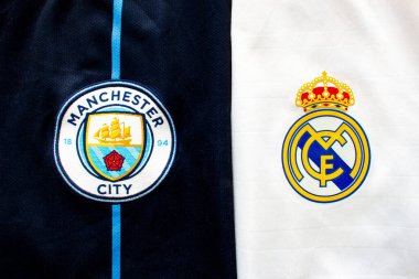 Calgary, Alberta, Kanada. 11 Temmuz 2020. Manchester City, Real Madrid 'e karşı logo formalarına yakın.