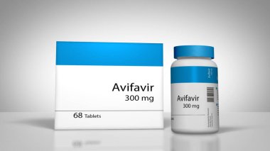 Kovid 19 için Avifavir tablet ve şişe tedavisi, beyaz arkaplanda koronavirüs.