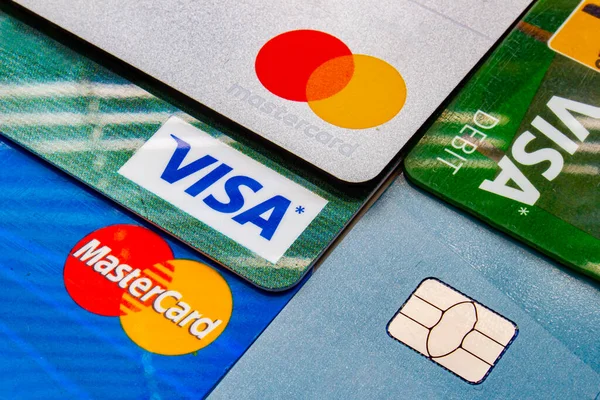 Calgary Alberta Canada July 2020 Close Popular Credit Cards Logos — Stock Photo, Image