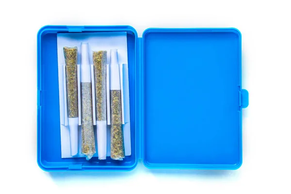 Envase Plástico Caja Azul Cannabis Para Prerolls Articulaciones Con Juntas —  Fotos de Stock