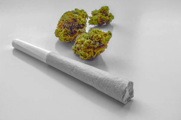 Giunto Cannabis Medicinale Pre Roll Una Superficie Bianca Con Fiori — Foto Stock