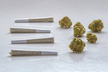 Esrar öncesi sarma ve açık bir arka planda kurutulmuş çiçek esrarı.