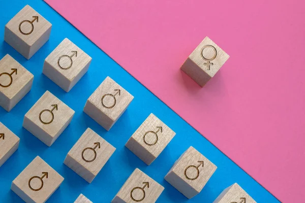 Female Male Symbols Icons Wood Blocks Blue Pink Background Concept — Stock Photo, Image