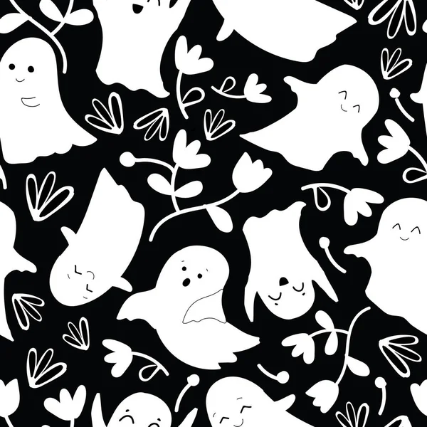Schwarz mit niedlichen halloween weißen Geistern und ihren Blumen nahtlose Muster Hintergrunddesign. — Stockvektor