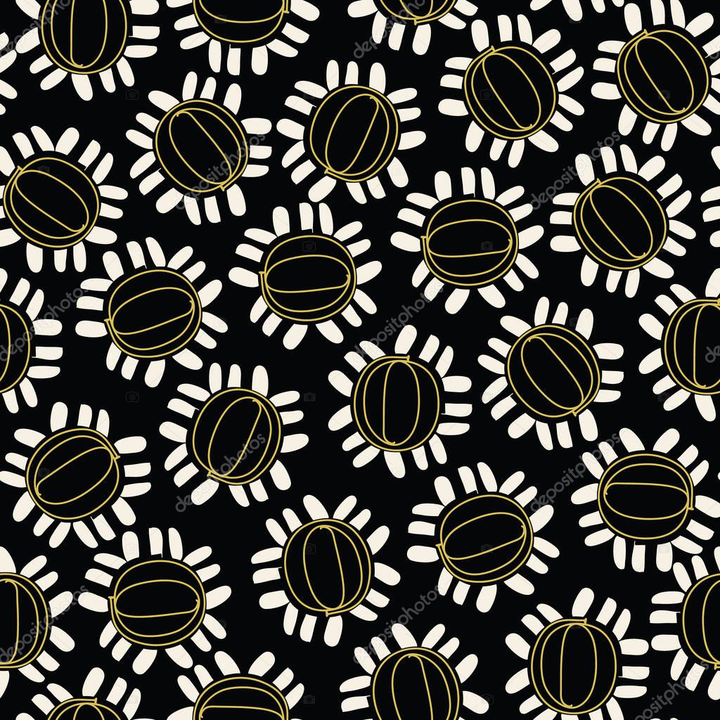 Dark with cream, yellow whimsical flowers seamless pattern background design.