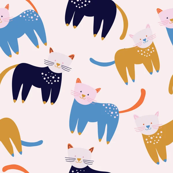 かわいい猫のシームレスなパターンの背景デザインとライトピンク. — ストックベクタ