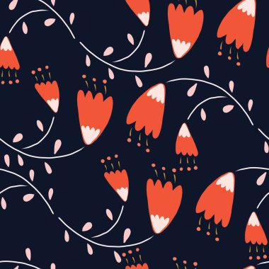 Koyu mavi, tuhaf kırmızı çiçekli, pürüzsüz arkaplan desenli.