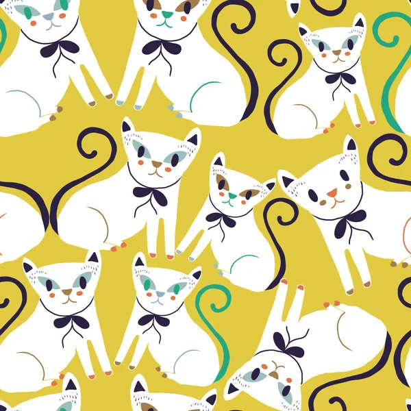 Lemon Yellow with cute white cats seamless pattern background design.
