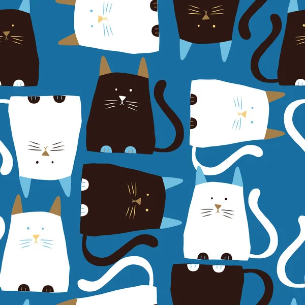 सुंदर grumpy काले और सफेद बिल्ली के साथ नीला सीमलेस पैटर्न पृष्ठभूमि डिजाइन . — स्टॉक वेक्टर