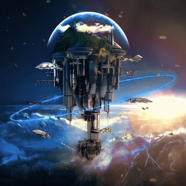 Dev gökdelenler ve uçan uzay gemileri 3d ile bilim-kurgu şehir kavramı