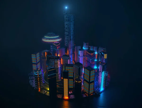 Cidade Noite Futurista Cityscape Fundo Escuro Com Luzes Roxas Azuis Imagens De Bancos De Imagens