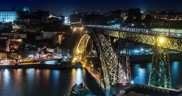 Porto Portugal Dom Luis Ponte Vista Sobre Rio Douro Noite — Vídeo de Stock