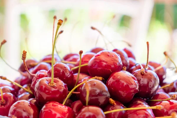 Saftige Kirschen Mit Wassertropfen Aus Nächster Nähe Rote Kirsche Hintergrund — Stockfoto