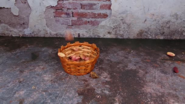Fresh Pistachios Front Old Brick Wall Pouring Fresh Pistachios Slow — Stock Video