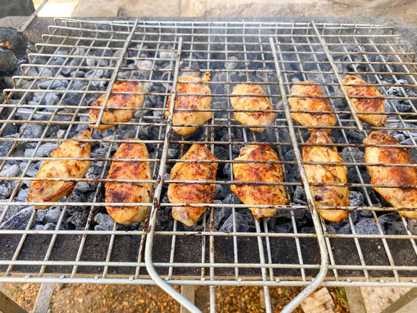 Delicious Grilled Chicken Barbecue Chicken Wings Mangal Nature Picnic Close — Stock Photo, Image