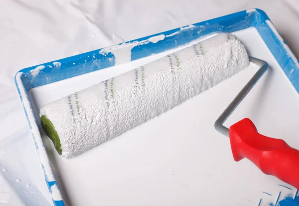paint roller in tray with white paint, home repairs