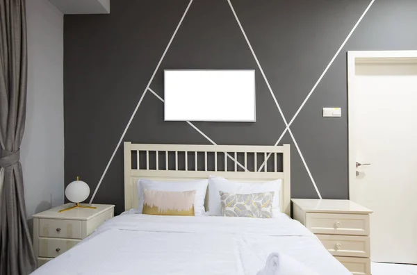 modern bedroom interior with blank frame mock up, template