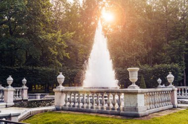 St Petersburg banliyölerinde Peter Sarayı'nda güzel bir üçgen çeşme, Rusya