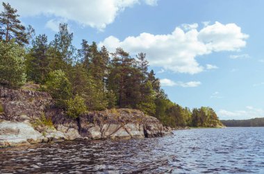 Kayalık kıyı, ağaçlar ve vahşi göl