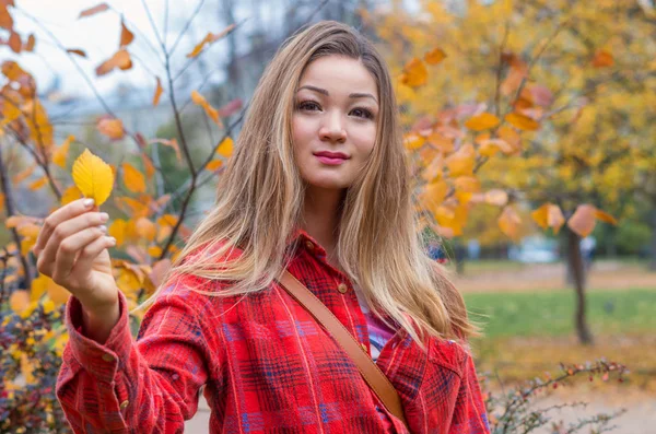 A beautiful blonde pony tail of a girl in autumn park in October